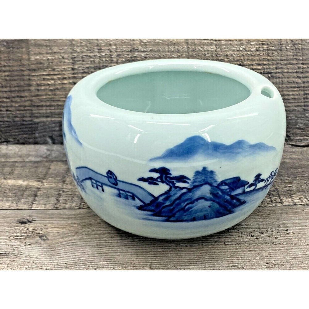 Antique Asian Light Teal Blue Milk Glass Bowl with Dark Blue Landscape Scene